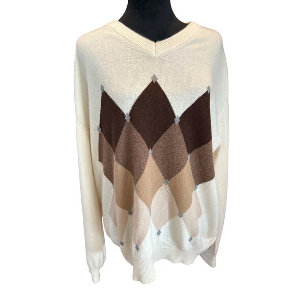 Men’s 100% Cashmere Cream Brown Argyle V-Neck Grandpacore Sweater - Picture 1 of 9